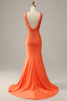 Mermaid V-Neck Orange Long Prom Dress with Beading