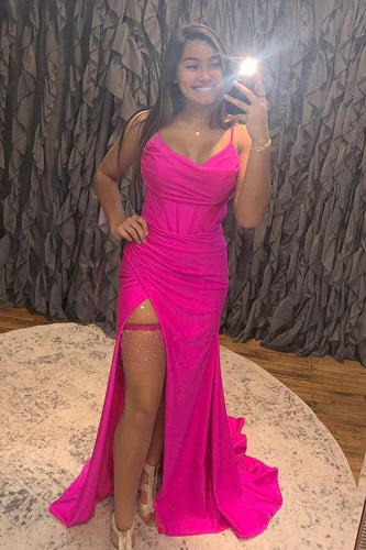 Spaghetti Straps Hot Pink Corset Prom Dress with Slit