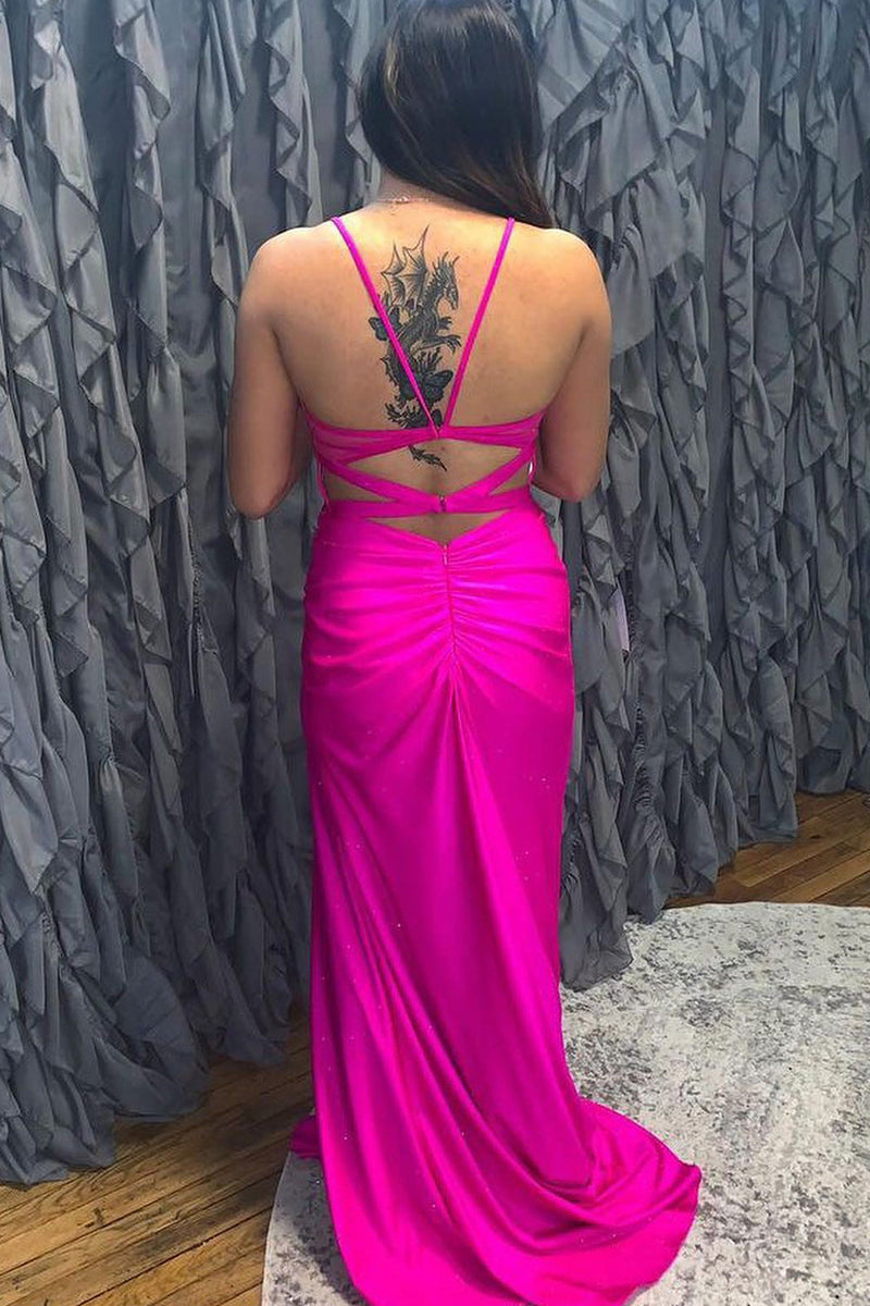 Load image into Gallery viewer, Spaghetti Straps Hot Pink Corset Prom Dress with Slit