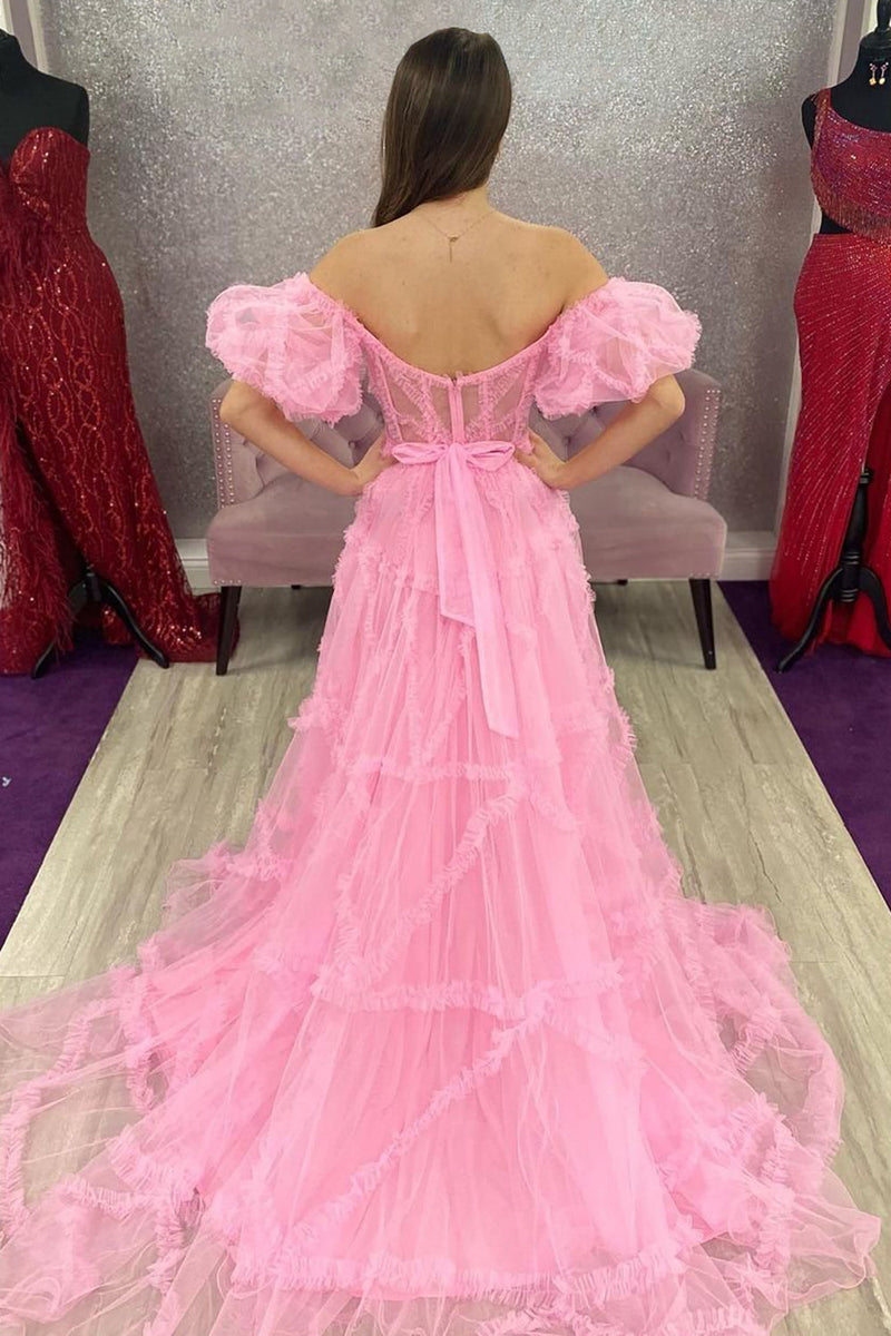 Baby pink off the shoulder hot sale prom dress