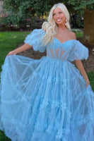 Queendancer Women Light Blue Tulle Corset Prom Dress A Line Off the  Shoulder Formal Dress with Bowknot – queendanceruk