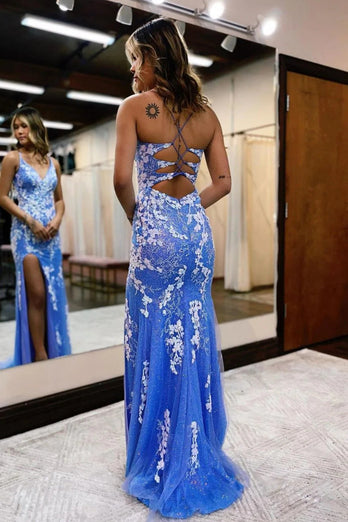 Queendancer Women Glitter Blue Lace Long Mermaid Prom Dress with Slit Spaghetti Straps Formal Party Dress queendanceruk