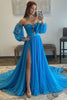 Load image into Gallery viewer, Blue Detachable Sleeves Cut-Out Long Prom Dress with Beading