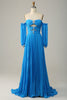 Load image into Gallery viewer, Blue Detachable Sleeves Cut-Out Long Prom Dress with Beading