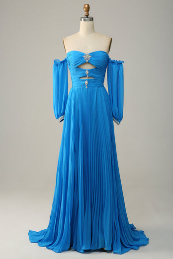 Blue Detachable Sleeves Cut-Out Long Prom Dress with Beading