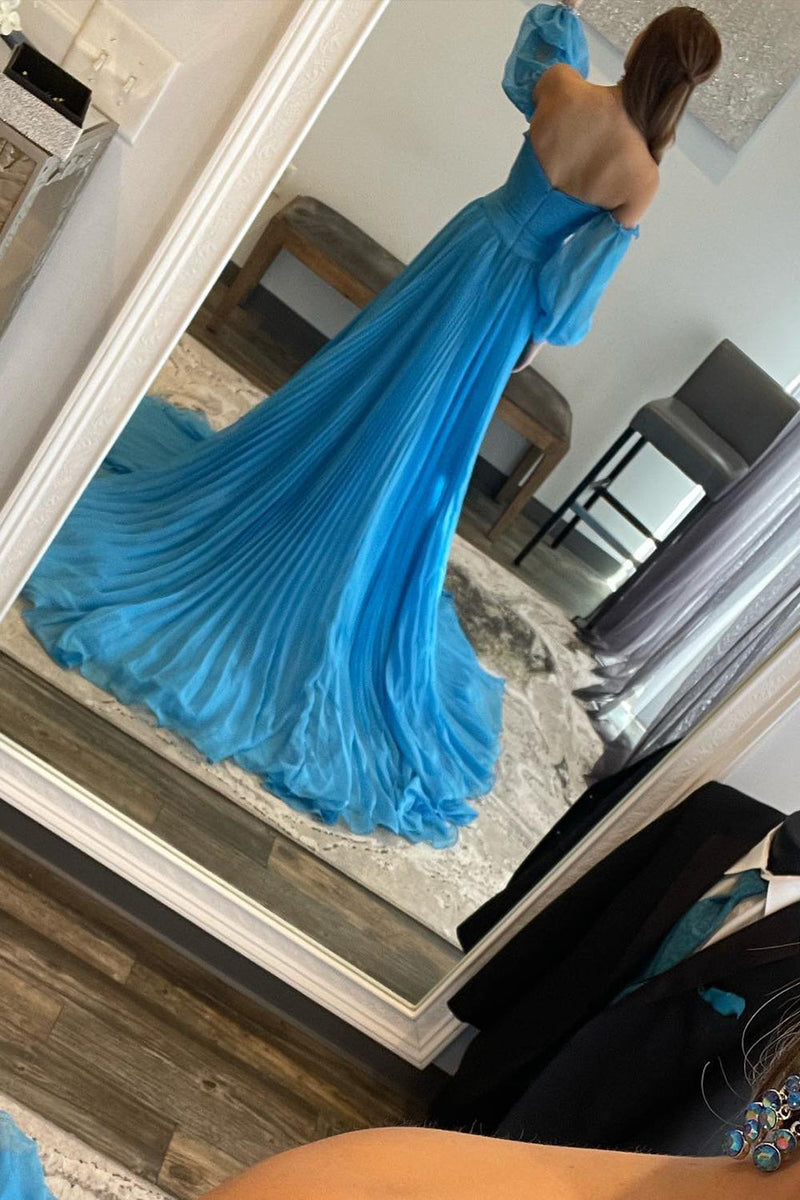 Load image into Gallery viewer, Blue Detachable Sleeves Cut-Out Long Prom Dress with Beading