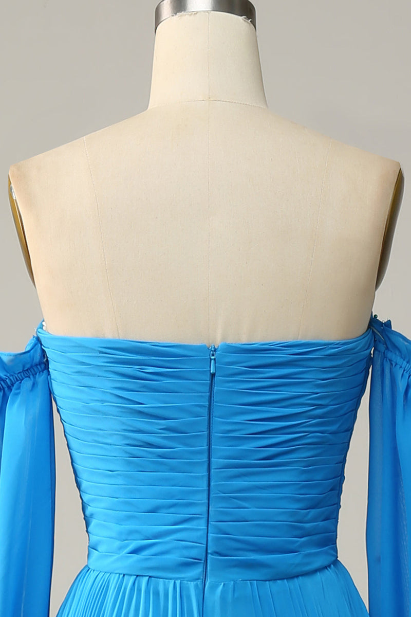 Load image into Gallery viewer, Blue Detachable Sleeves Cut-Out Long Prom Dress with Beading