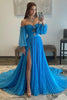 Load image into Gallery viewer, Blue Detachable Sleeves Cut-Out Long Prom Dress with Beading