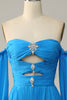 Load image into Gallery viewer, Blue Detachable Sleeves Cut-Out Long Prom Dress with Beading