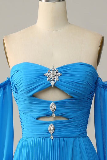 Blue Detachable Sleeves Cut-Out Long Prom Dress with Beading