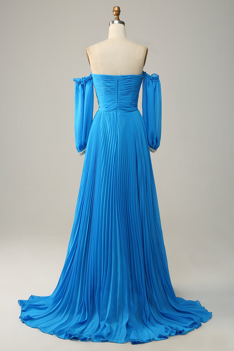 Load image into Gallery viewer, Blue Detachable Sleeves Cut-Out Long Prom Dress with Beading