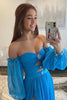 Load image into Gallery viewer, Blue Detachable Sleeves Cut-Out Long Prom Dress with Beading