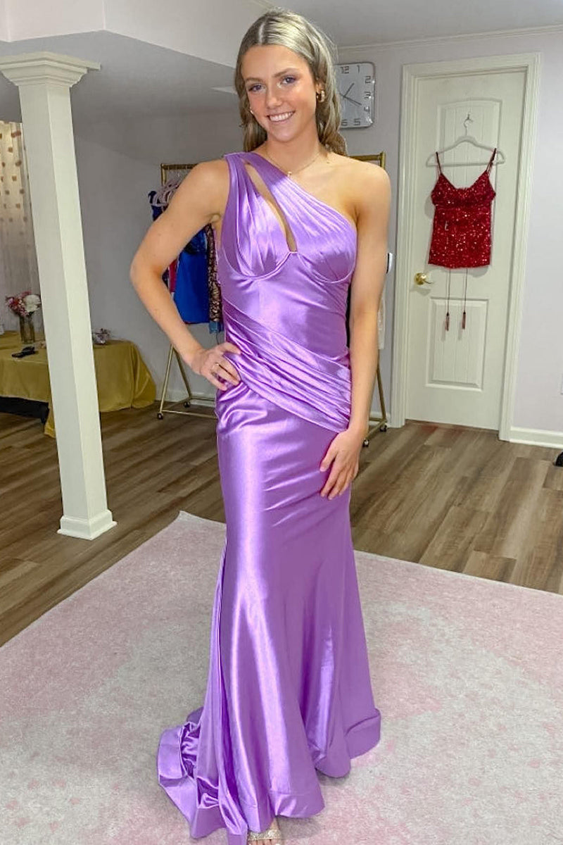 Load image into Gallery viewer, Mermaid One Shoulder Purple Long Prom Dress