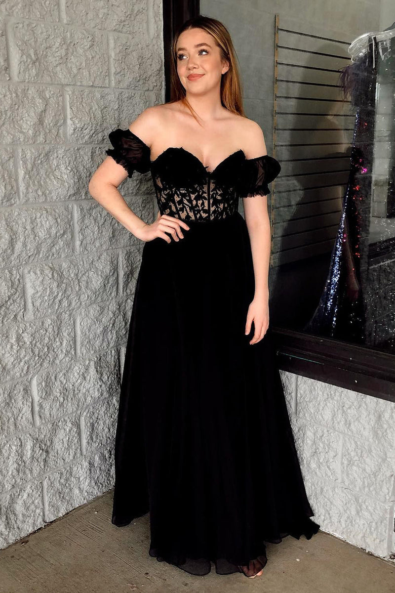 Load image into Gallery viewer, Black Corset A-Line Lace Long Prom Dress