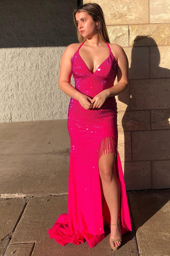 Sparkly Hot Pink Sequins Mermaid Long Prom Dress with Fringes