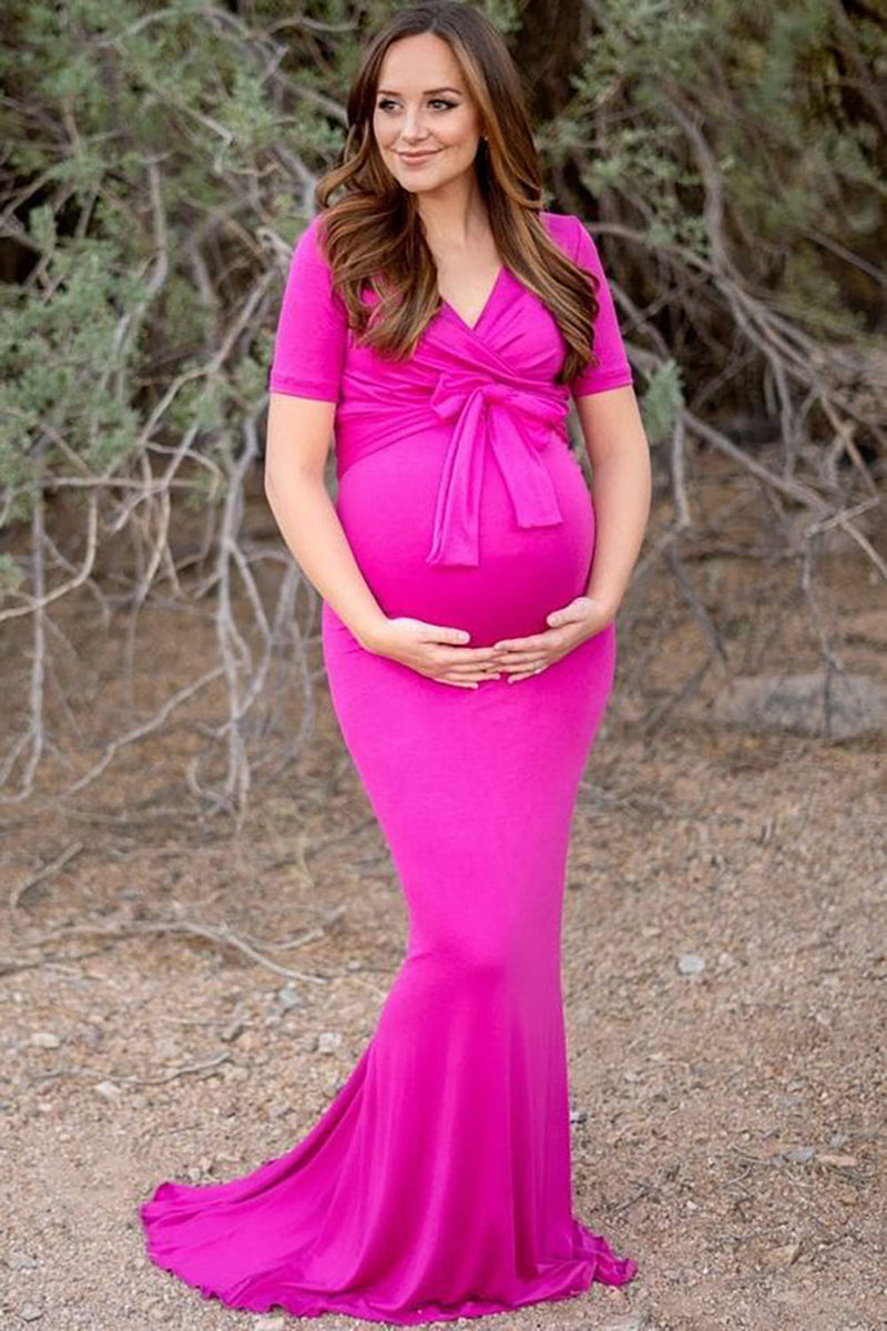 Load image into Gallery viewer, Mermaid Hot Pink Long Maternity Bridesmaid Dress with Short Sleeves