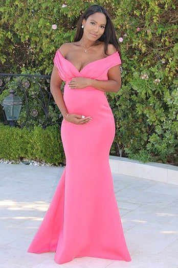 Off The Shoulder Mermaid Pink Long Maternity Bridesmaid Dress