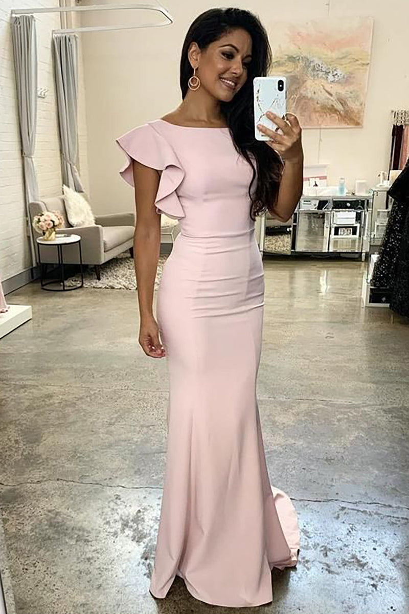 Load image into Gallery viewer, Mermaid Light Pink Long Bridesmaid Dress with Ruffles Sleeves
