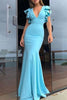 Load image into Gallery viewer, Mermaid Deep V-Neck Blue Long Bridesmaid Dress with Ruffles Sleeves