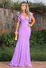 Load image into Gallery viewer, Mermaid Deep V-Neck Blue Long Bridesmaid Dress with Ruffles Sleeves