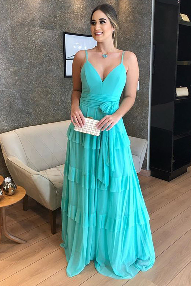 Load image into Gallery viewer, Teal Blue Tiered Spaghetti Straps Long Bridesmaid Dress