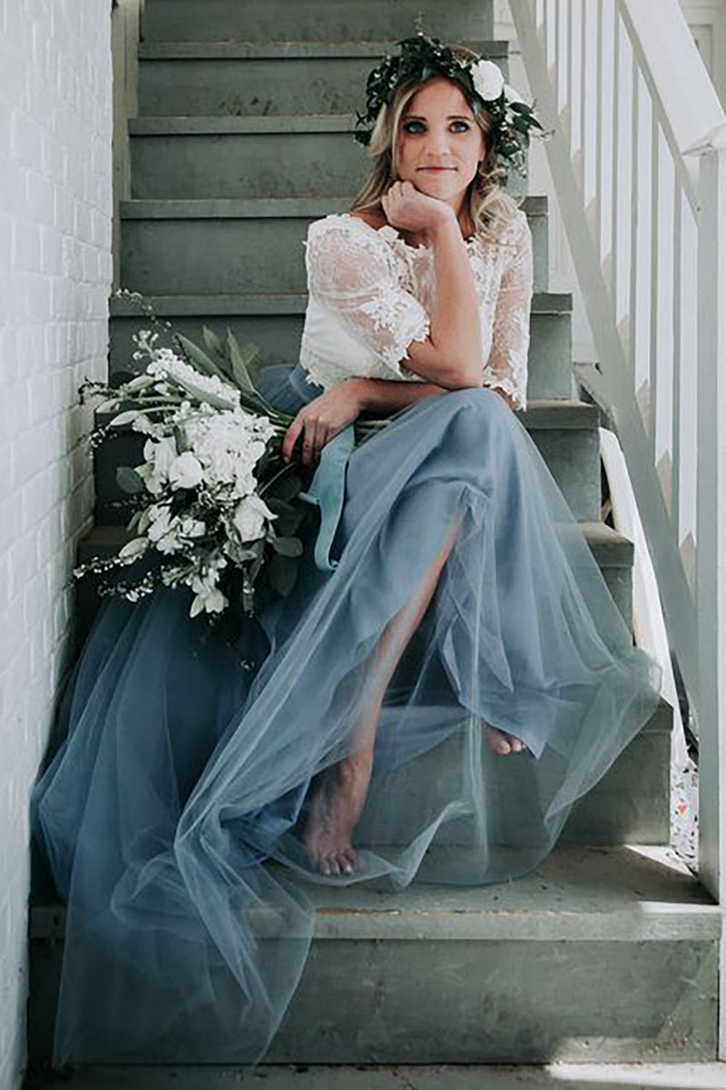 Load image into Gallery viewer, Tulle A-Line Grey Blue Long Bridesmaid Dress with Lace