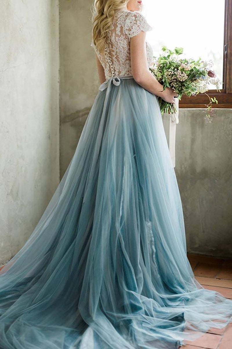 Load image into Gallery viewer, Tulle A-Line Grey Blue Long Bridesmaid Dress with Lace