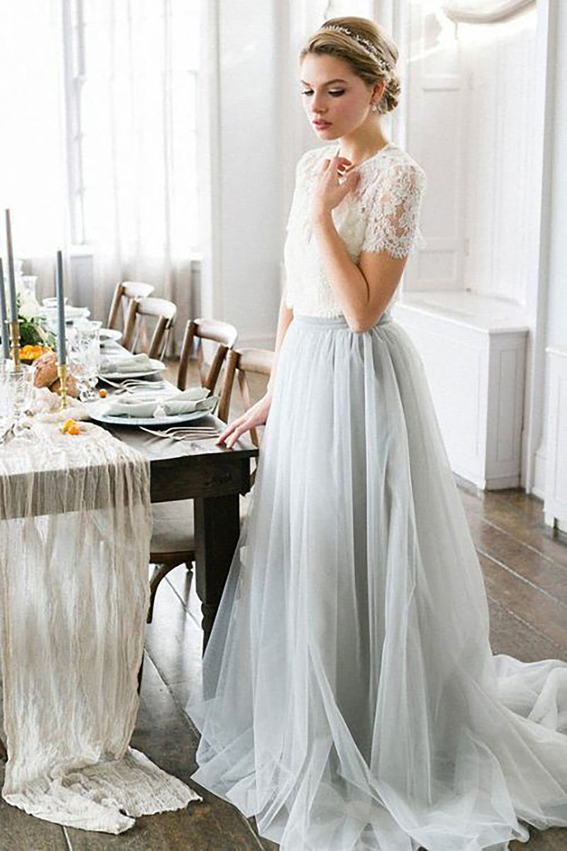 Load image into Gallery viewer, Tulle A-Line Grey Blue Long Bridesmaid Dress with Lace