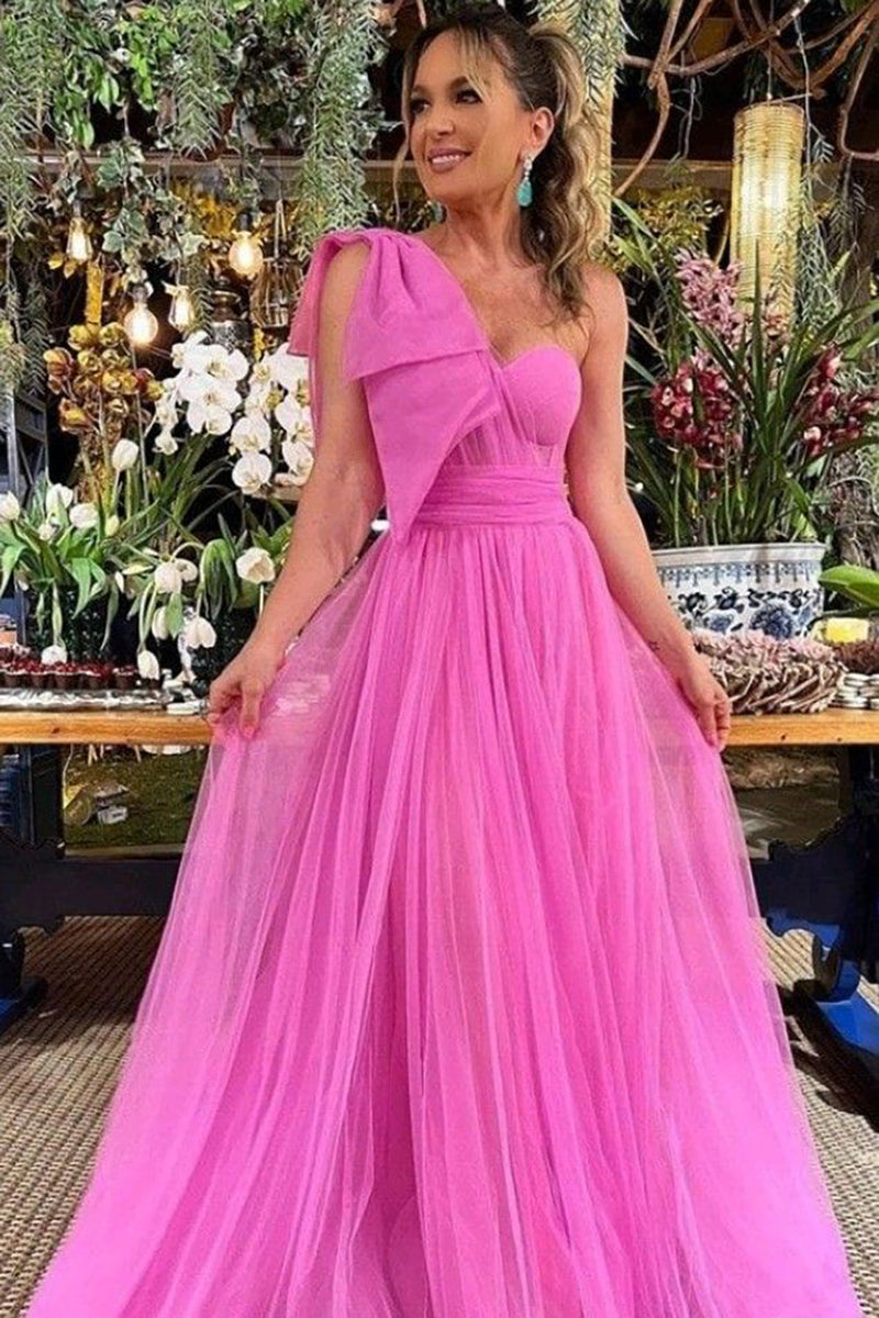 Load image into Gallery viewer, Tulle One Shoulder Hot Pink Long Bridesmaid Dress