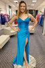 Load image into Gallery viewer, Glitter Blue Sheath Corset Long Prom Dress with Slit