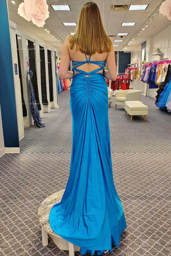 Glitter Blue Sheath Corset Long Prom Dress with Slit