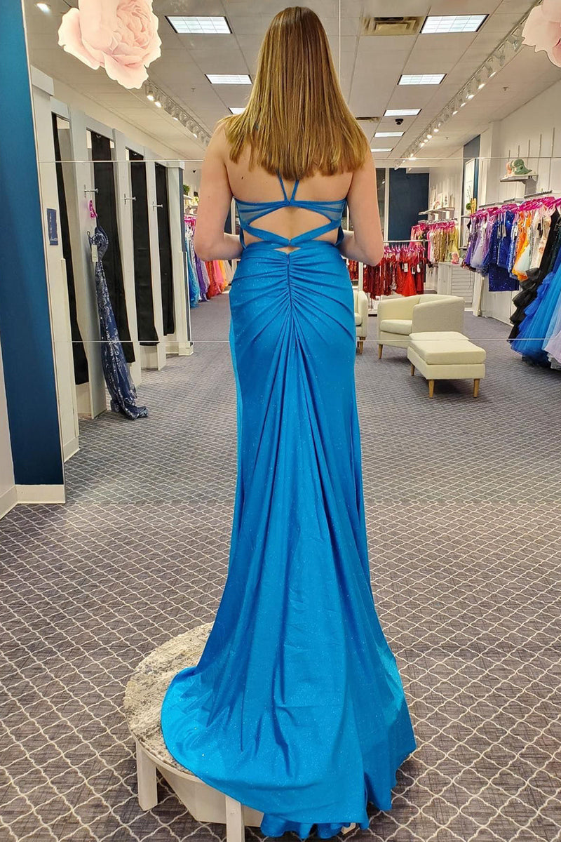 Load image into Gallery viewer, Glitter Blue Sheath Corset Long Prom Dress with Slit