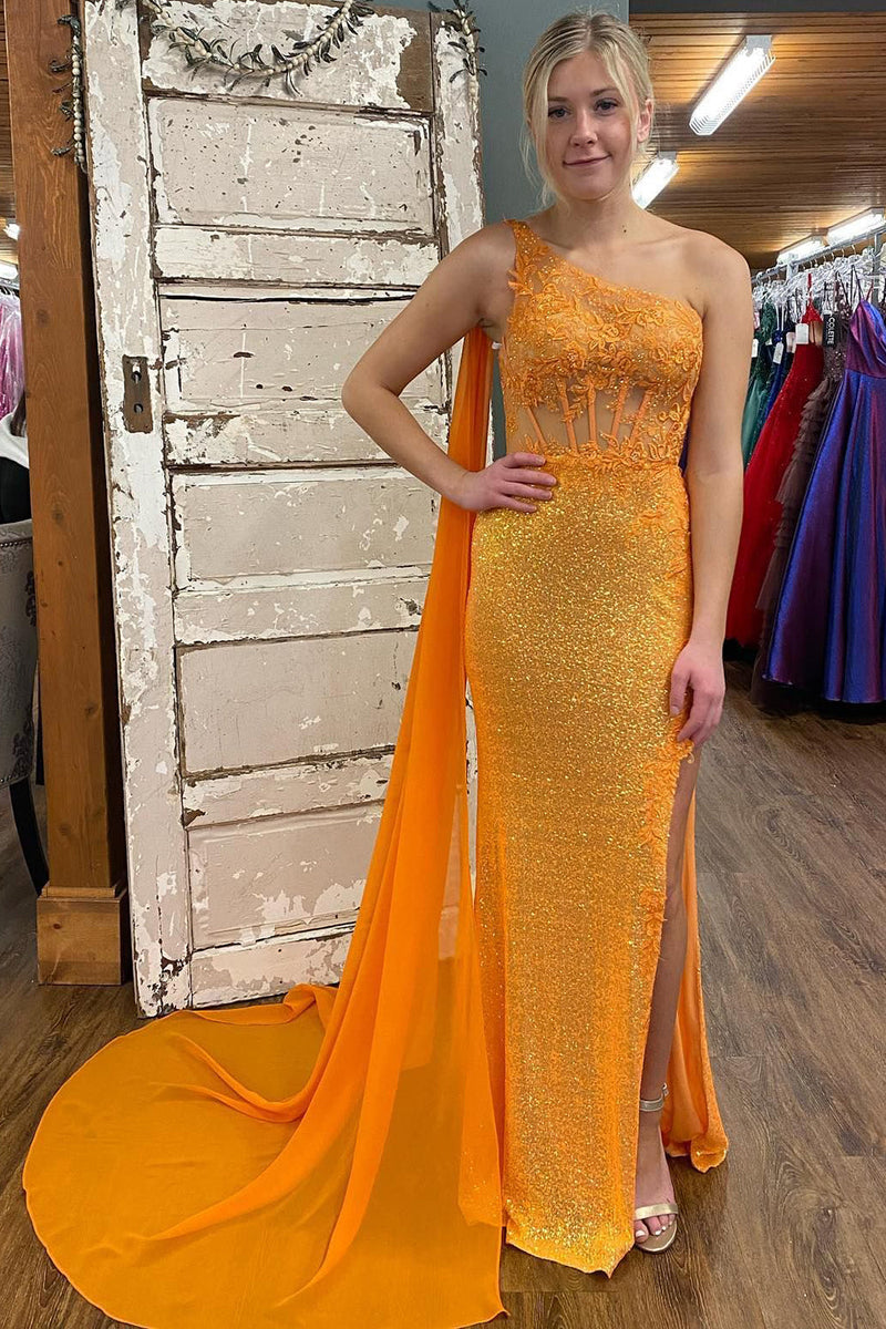 Load image into Gallery viewer, Sparkly Orange Corset One Shoulder Long Prom Dress with Deatchable Train