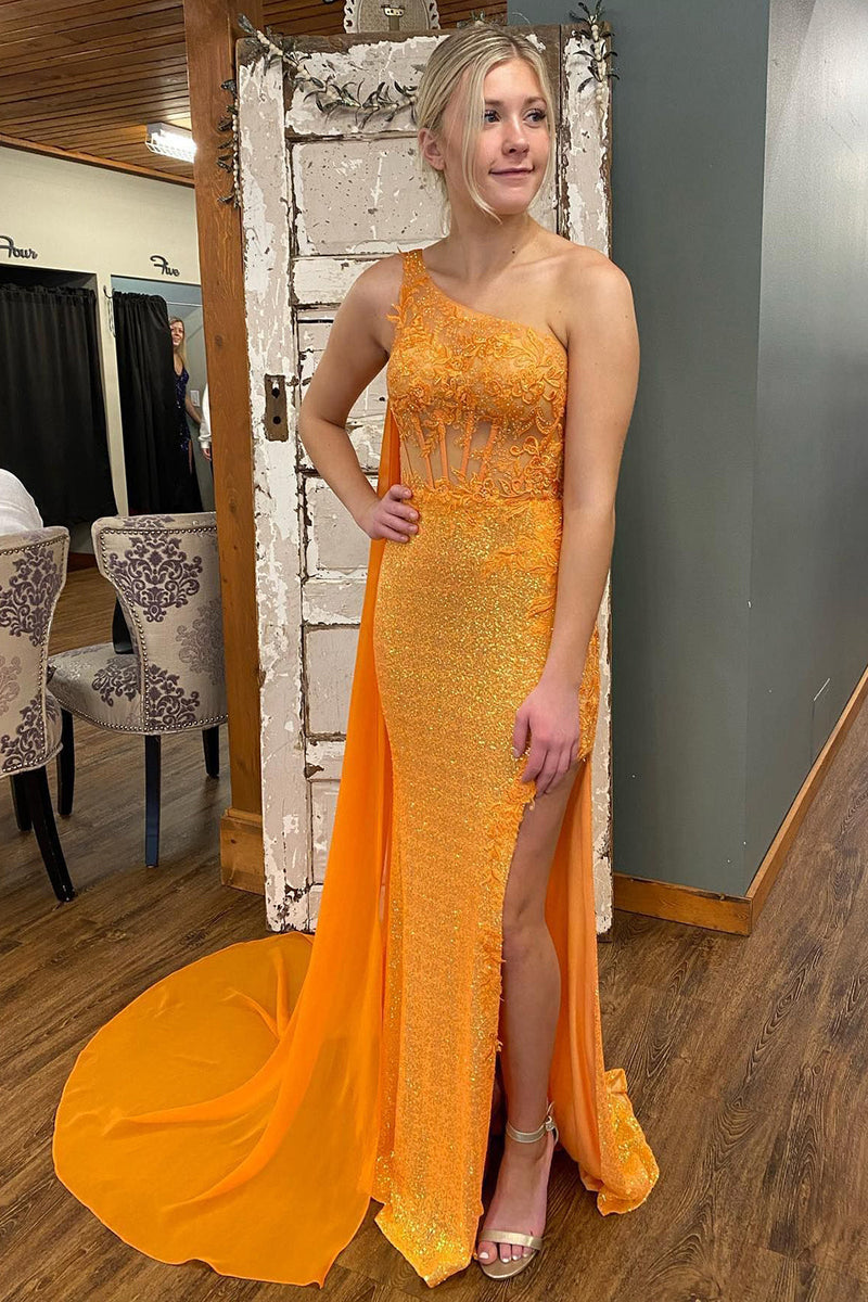 Load image into Gallery viewer, Sparkly Orange Corset One Shoulder Long Prom Dress with Deatchable Train