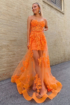 Orange Sheath Corset Long Prom Dress with Appliques