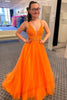 Load image into Gallery viewer, Orange A-Line V-Neck Long Tulle Prom Dress with Lace