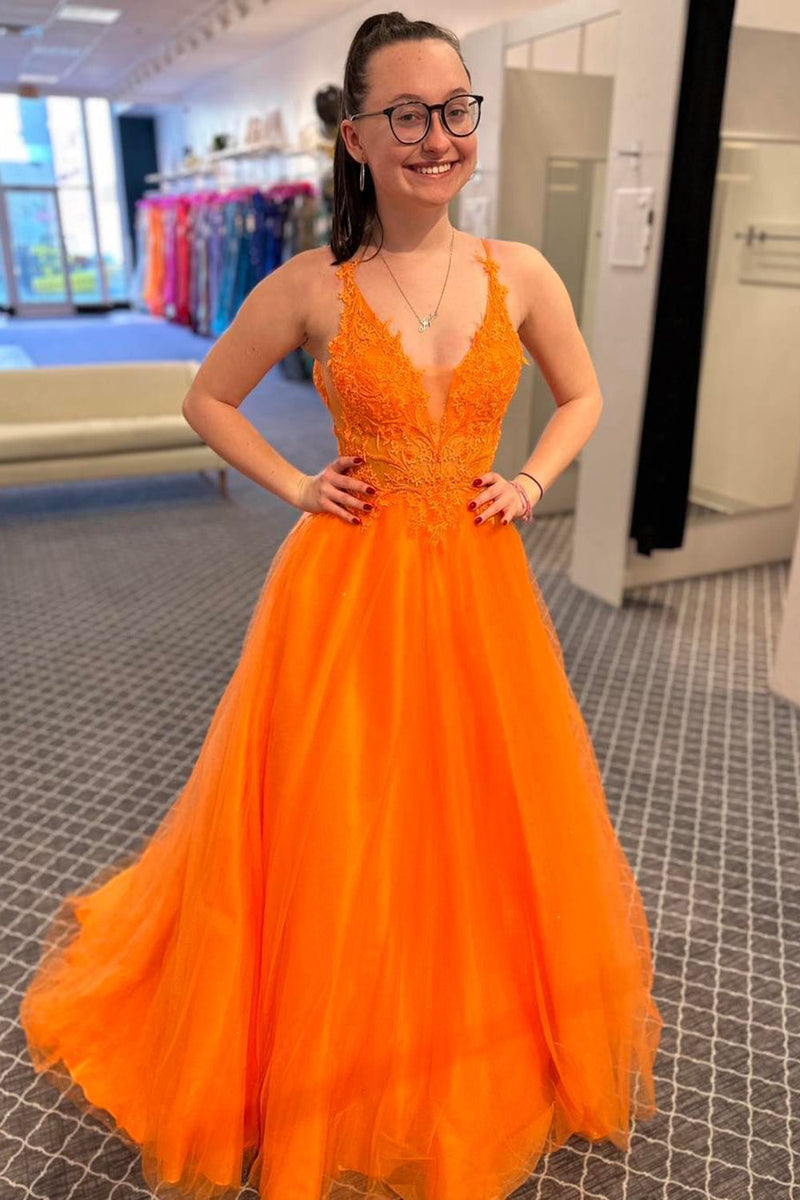 Load image into Gallery viewer, Orange A-Line V-Neck Long Tulle Prom Dress with Lace