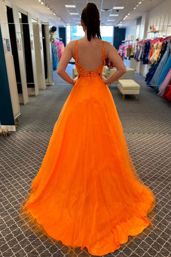 Orange A-Line V-Neck Long Tulle Prom Dress with Lace