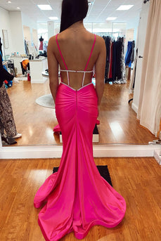 Satin Mermaid Backless Hot Pink Long Prom Dress with Beading