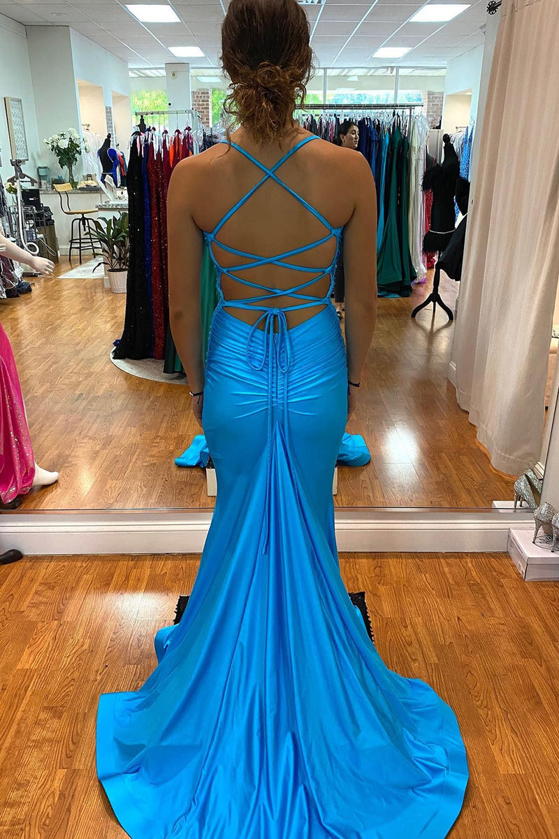 Load image into Gallery viewer, Mermaid Lace-Up Back Blue Long Prom Dress