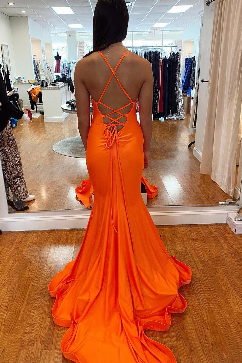 Load image into Gallery viewer, Mermaid Lace-Up Back Orange Long Prom Dress with Slit