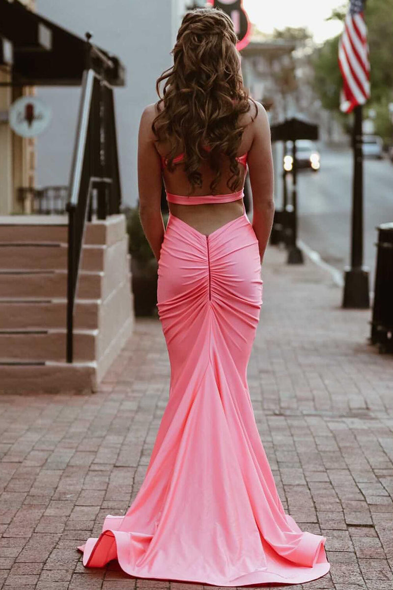 Hot Pink Sexy Halter Open Back Side-slit Mermaid Long Prom Dress
