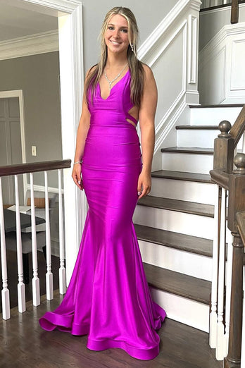 Mermaid Halter Backless Hot Pink Long Prom Dress