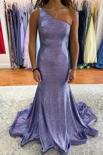 Glitter One Shoulder Light Purple Long Prom Dress