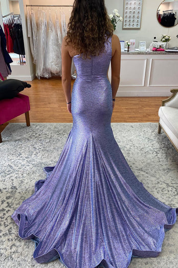 Glitter One Shoulder Light Purple Long Prom Dress