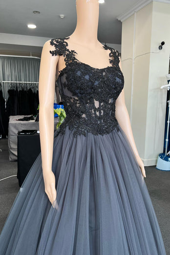 Tulle Black Corset Long Prom Dress with Appliques