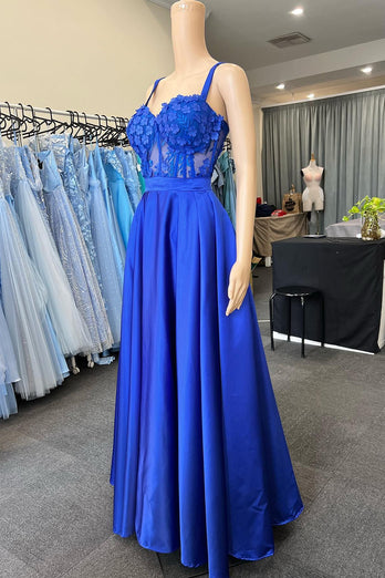 Spaghetti Straps Royal Blue Corset Prom Dress with Appliques