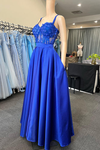 Spaghetti Straps Royal Blue Corset Prom Dress with Appliques