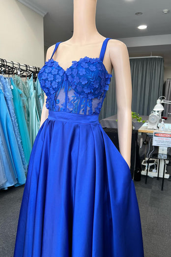 Spaghetti Straps Royal Blue Corset Prom Dress with Appliques