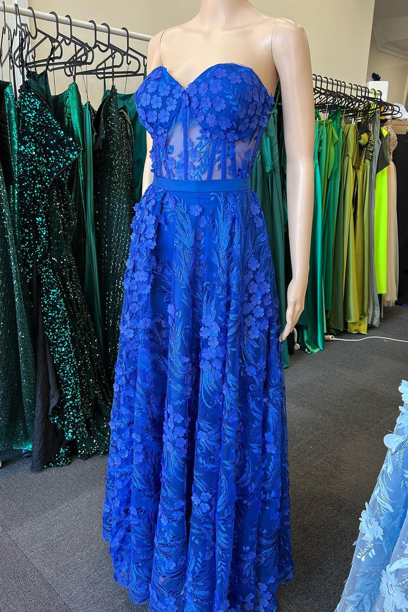 Load image into Gallery viewer, Royal Blue Sweetheart Corset Long Prom Dress with Appliques